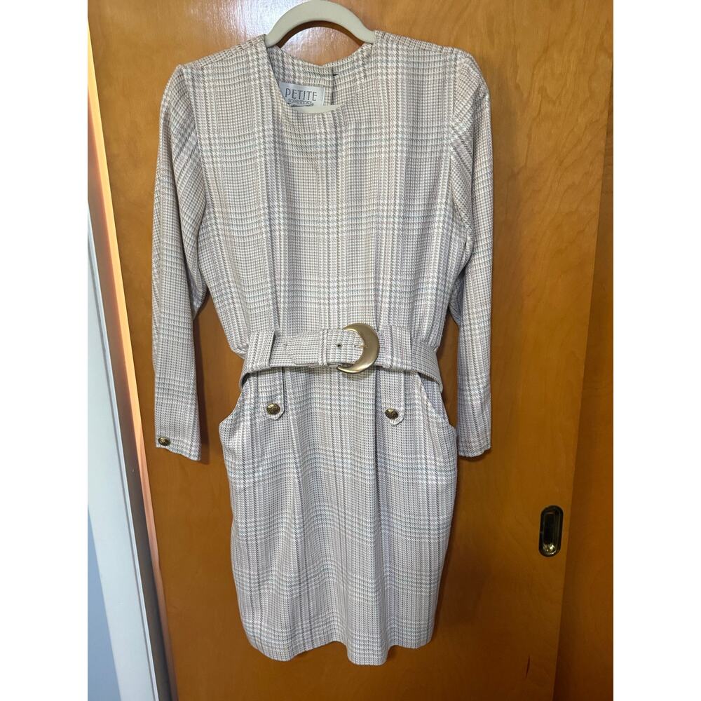 Vintage Petite Sophisticate Houndstooth Pink & Turquoise Belted Dress Sz. 4